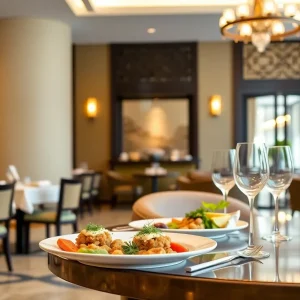 Plated Mediterranean and Middle Eastern dishes at a hotel restaurant