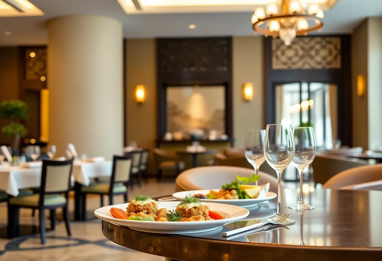 Plated Mediterranean and Middle Eastern dishes at a hotel restaurant