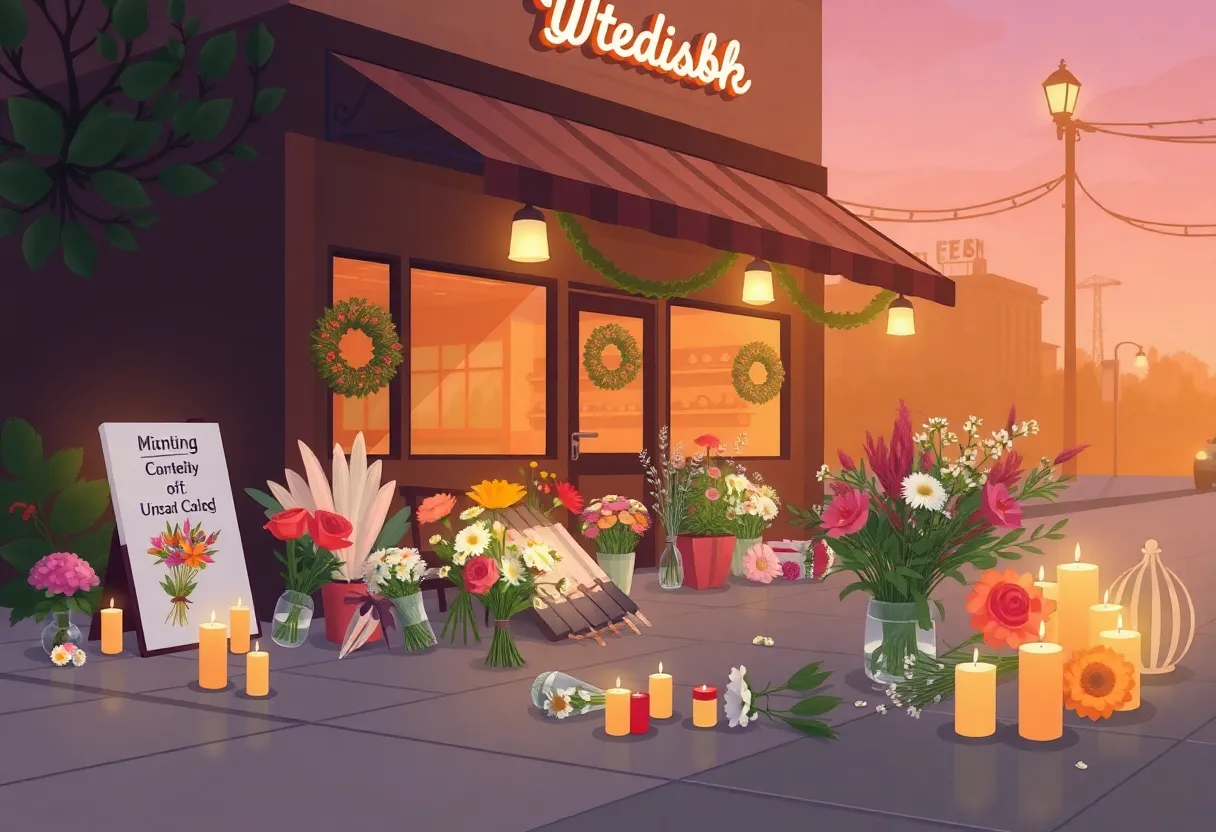 Memorial tribute with flowers and candles outside a restaurant