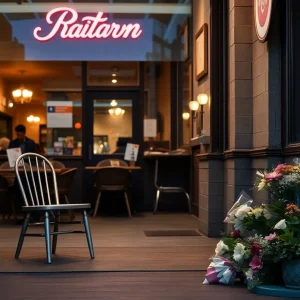 Memorial items placed outside a restaurant in Houston