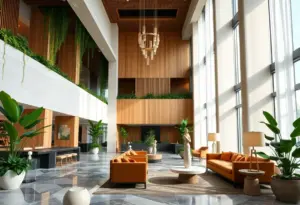 A spacious and sustainable hotel lobby showcasing modern design elements