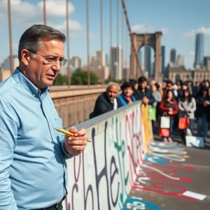 Politician erasing graffiti on a Houston bridge.