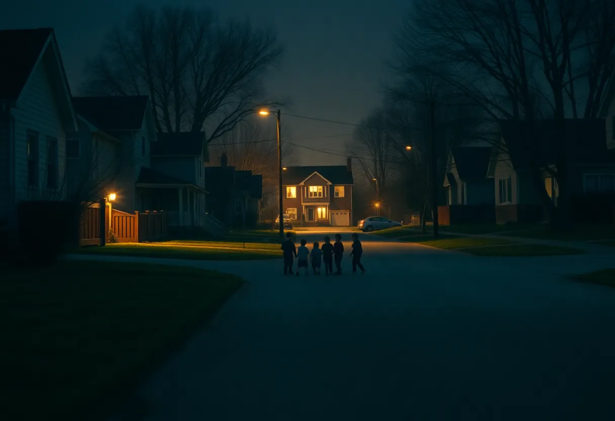 Suburban neighborhood with children playing outside at night