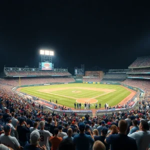 Crowd cheering at baseball stadium during Rangers vs Astros game