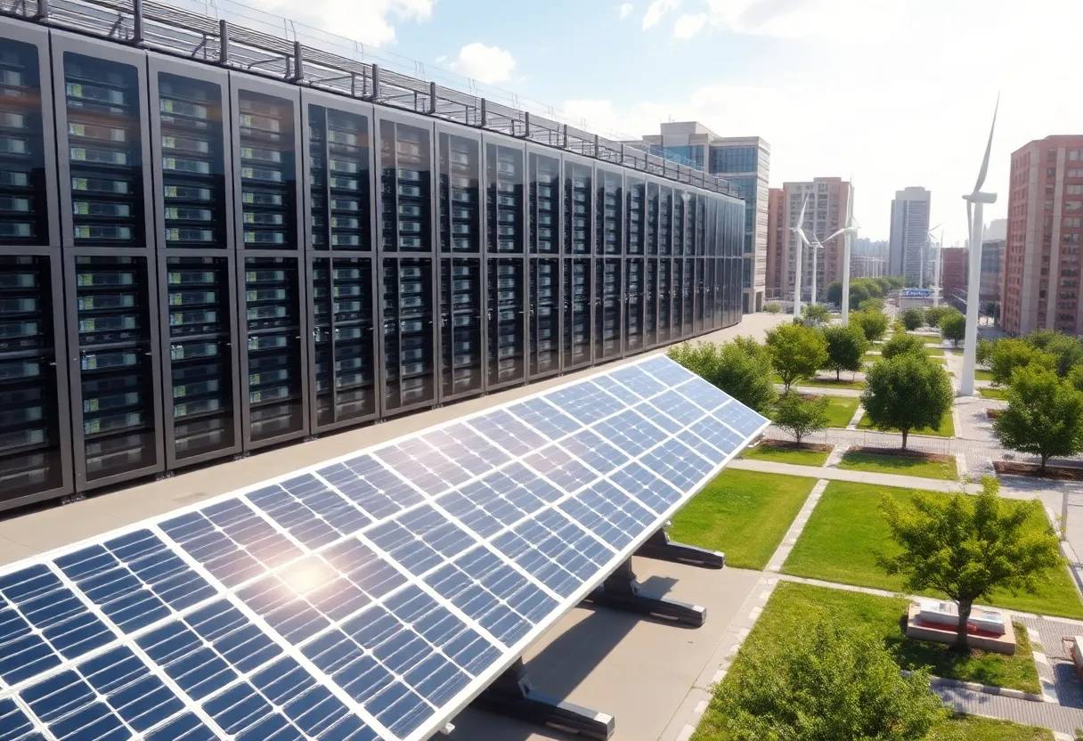 A renewable energy data center featuring solar panels and wind turbines.