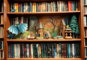 Fantasy literature elements in a cozy bookstore