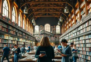 Interior view of a vibrant library with people reading