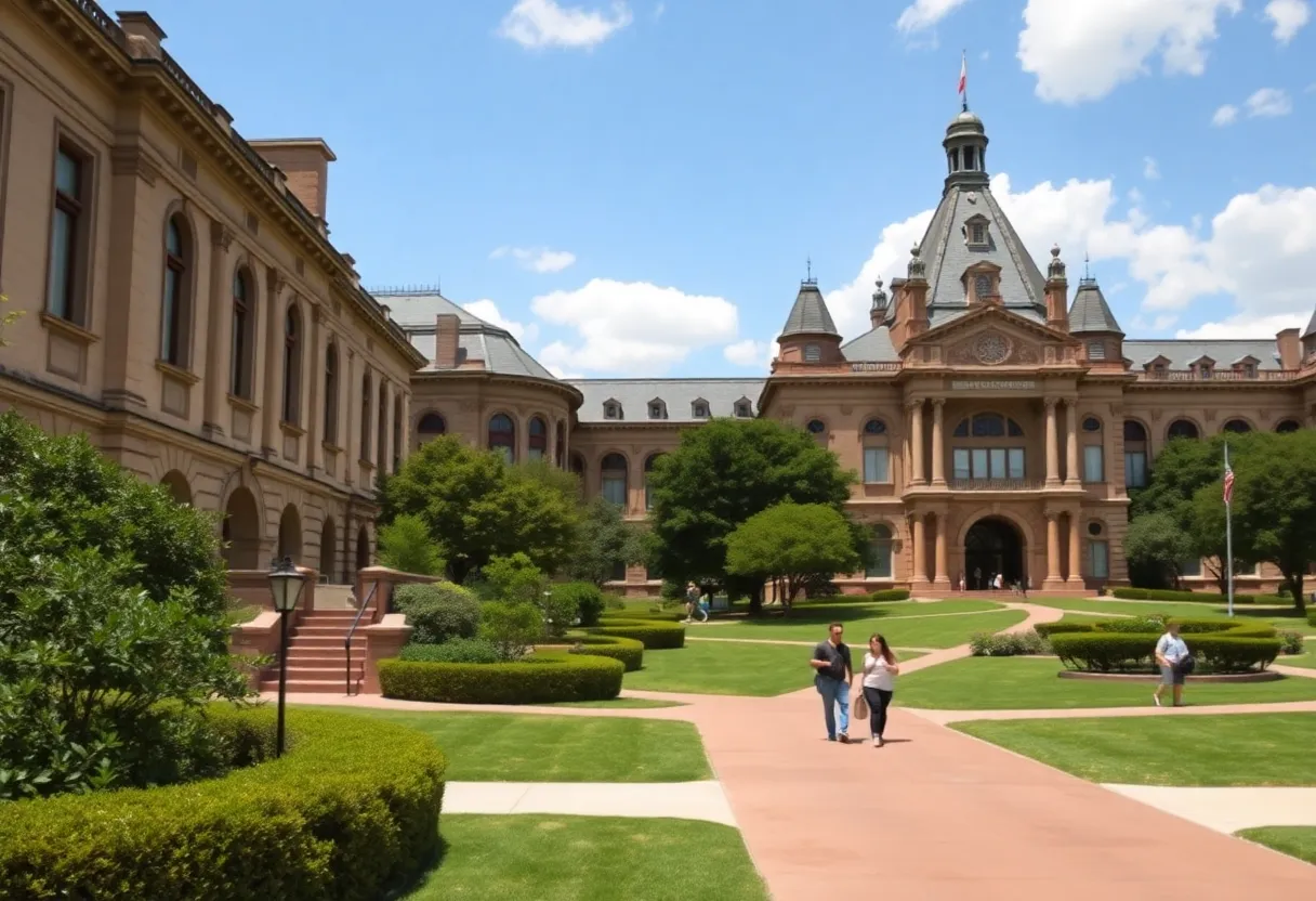 Scenic view of a Texas private college campus with students.