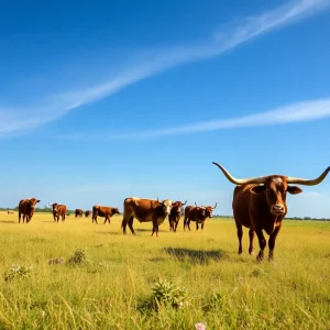 A peaceful Texas ranch with longhorns grazing in the fields.