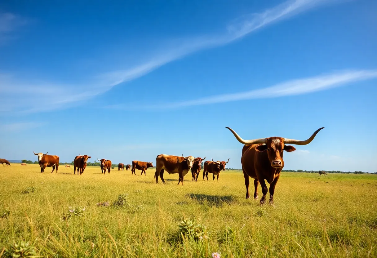 A peaceful Texas ranch with longhorns grazing in the fields.