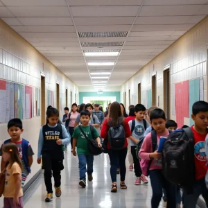 Students and teachers in a Texas school hallway
