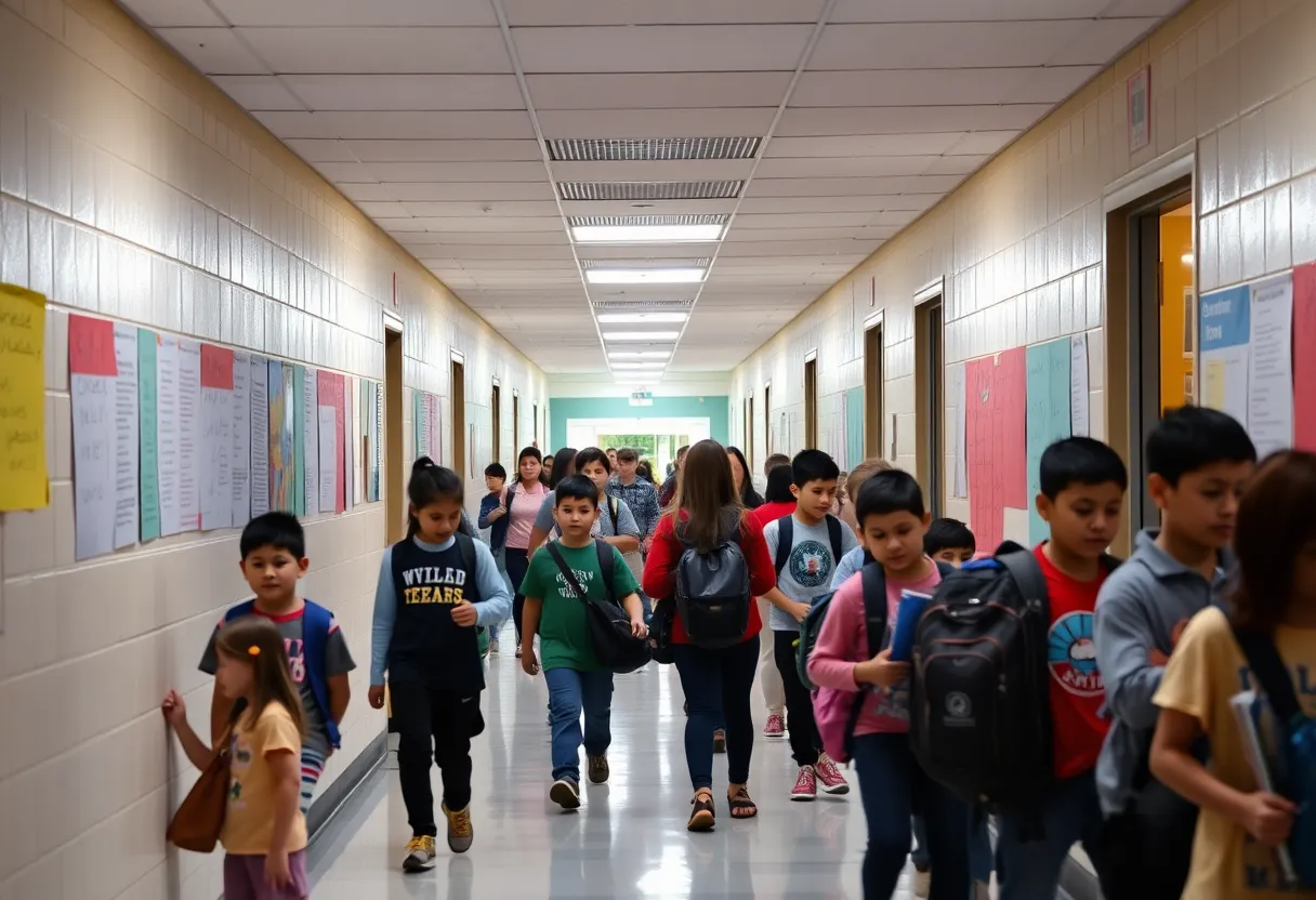 Students and teachers in a Texas school hallway
