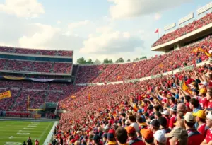 Fans cheering at a college football game