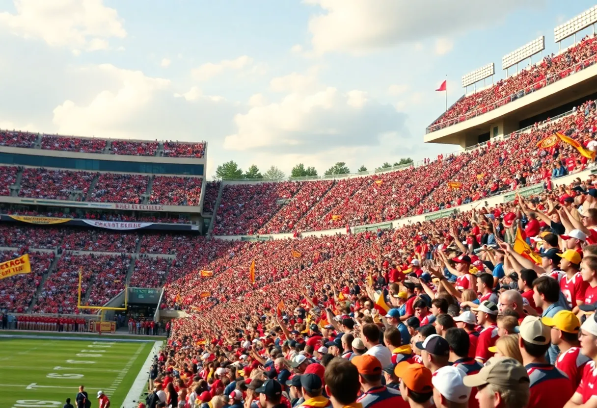 Fans cheering at a college football game