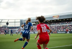 Texas Tech and Houston women's soccer teams in action during a match.