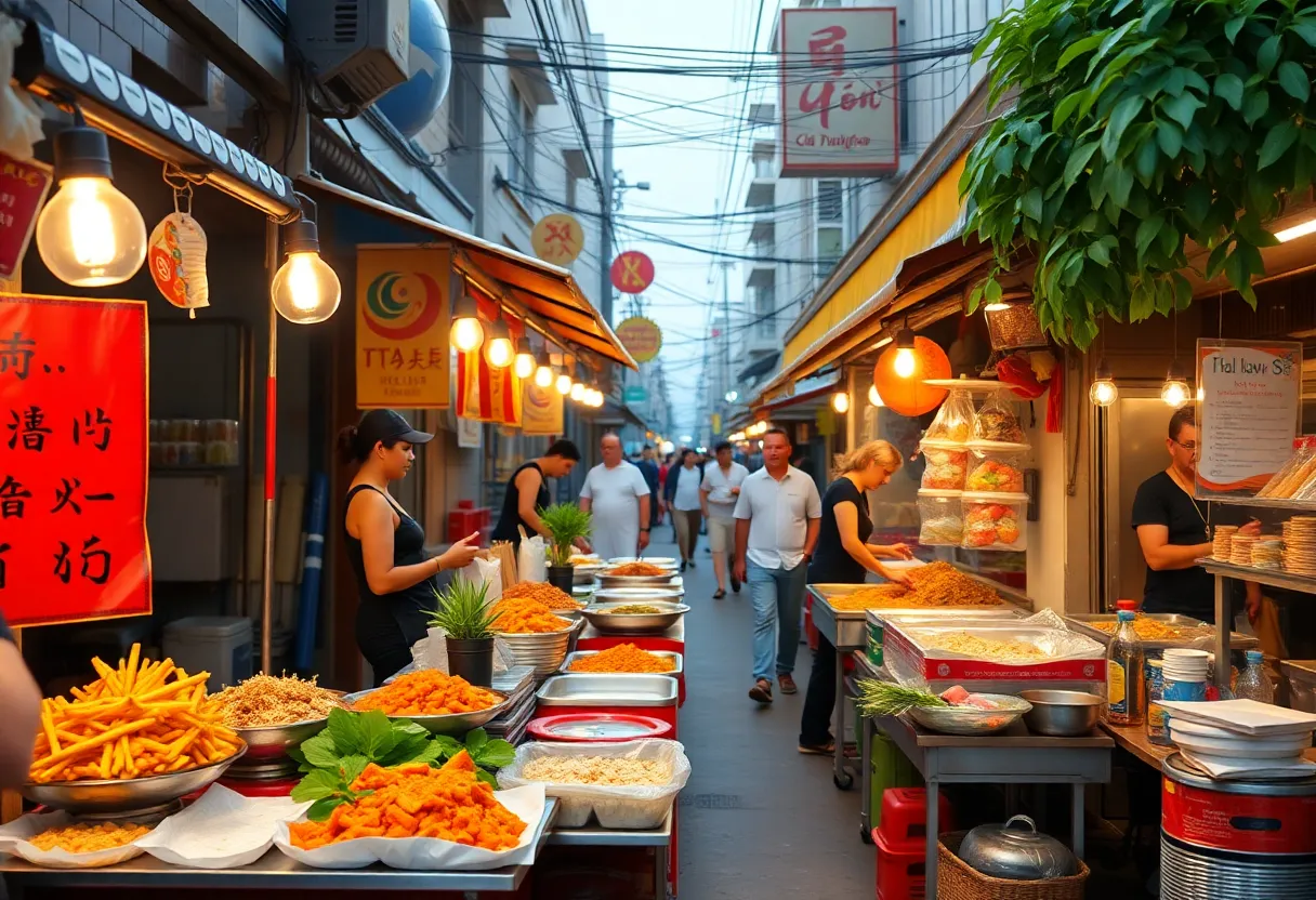 Thai street food dishes displayed at a market in Houston
