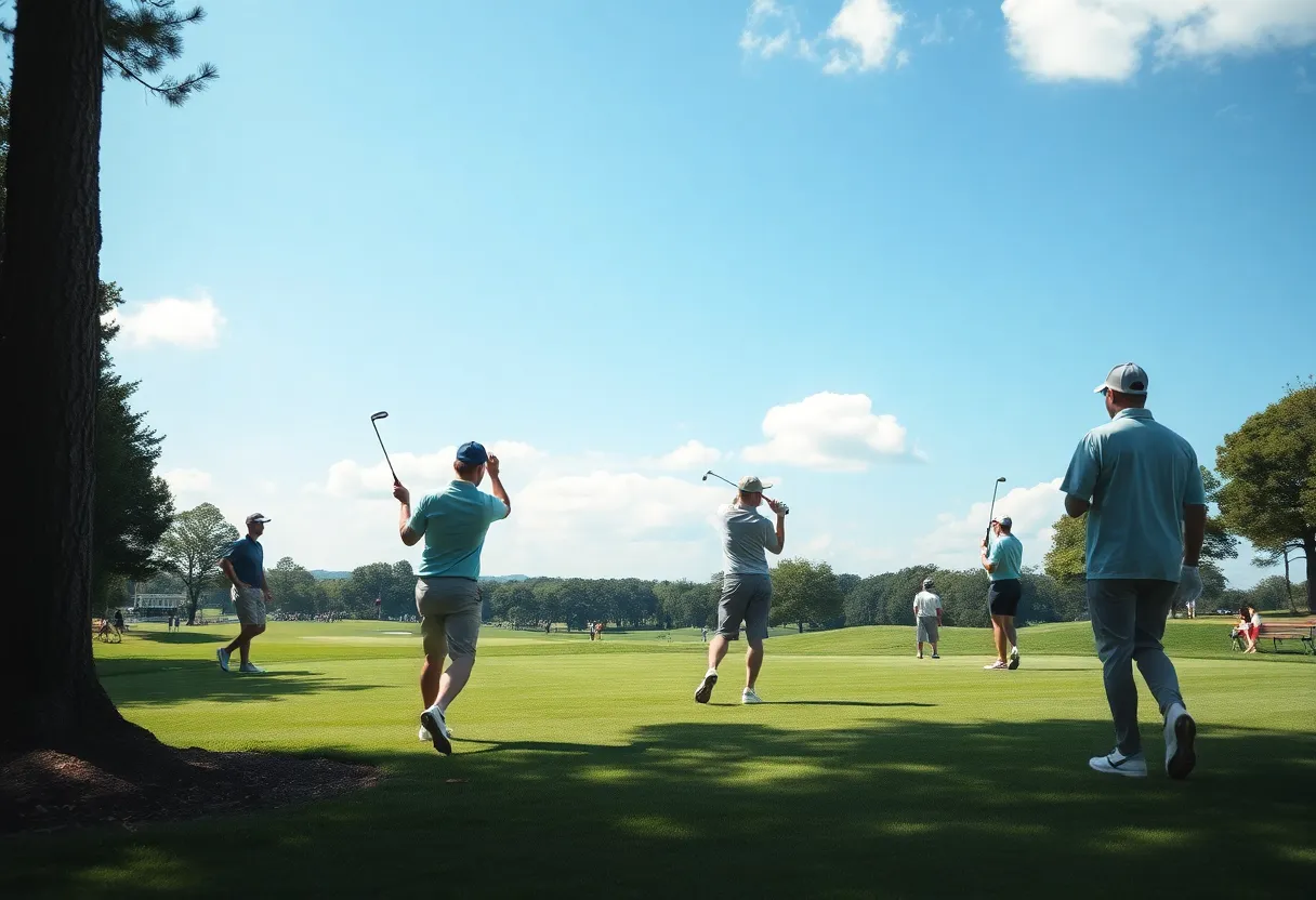 Collegiate golfers competing at a golf tournament on a scenic course.