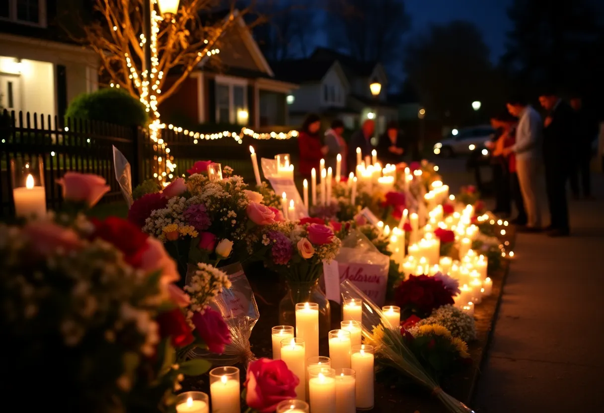 Community vigil honoring an 11-year-old shooting victim with candles and flowers.