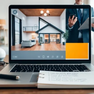 Virtual home tour setup with a laptop and notepad