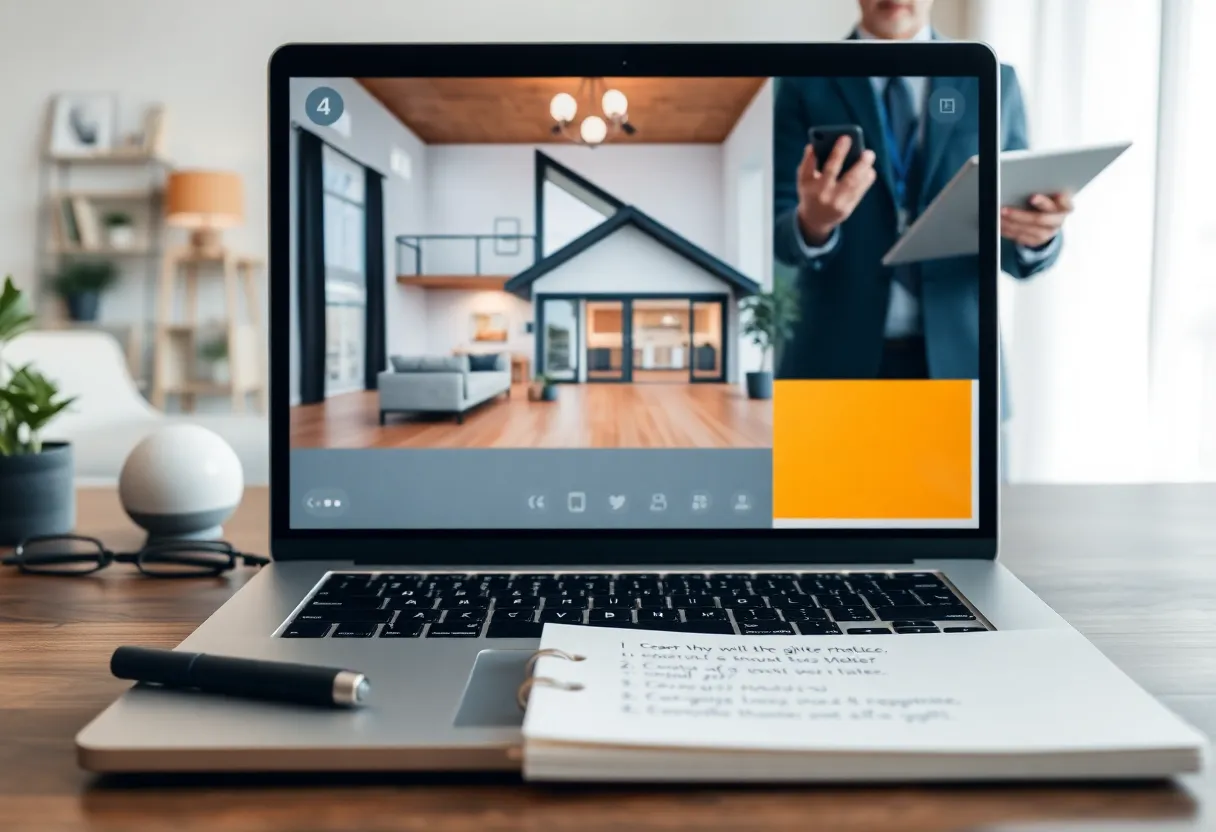 Virtual home tour setup with a laptop and notepad