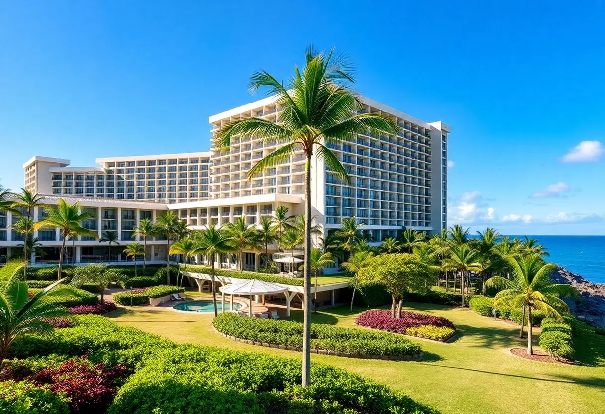 Waikīkī Beach Marriott Resort & Spa with lush greenery and clear blue sky