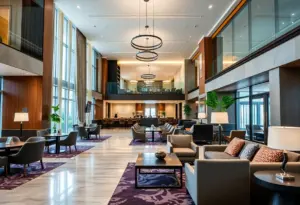 Modern lobby of Westin Downtown Houston Hotel showcasing new design