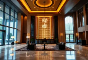 Lobby of AC Hotel by Marriott Wichita Downtown showcasing Art Deco architecture.