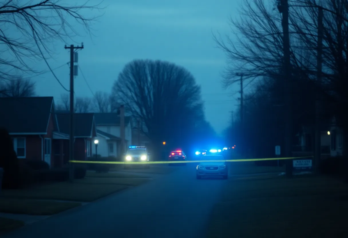 Suburban neighborhood with police lights after a tragic shooting.