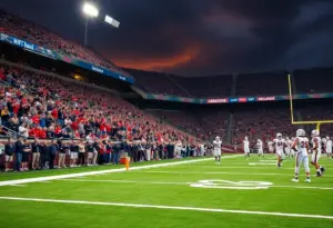 Football stadium scene with teams preparing for a game