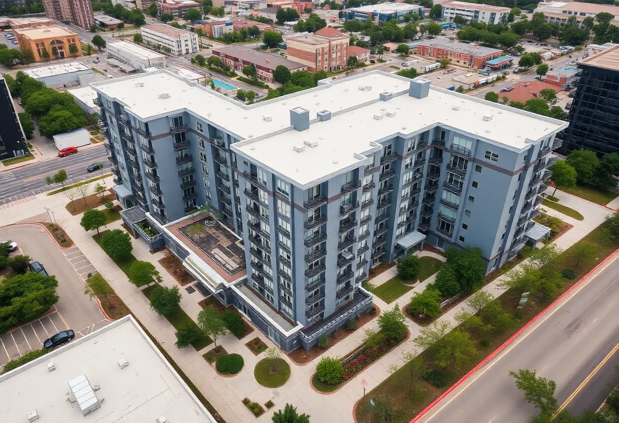 Aerial view of the Arlo Buffalo Heights apartments in Houston, Texas