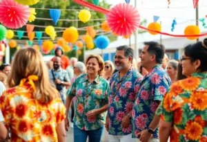Guests celebrating and honoring a beloved community member with colorful attire and decorations.