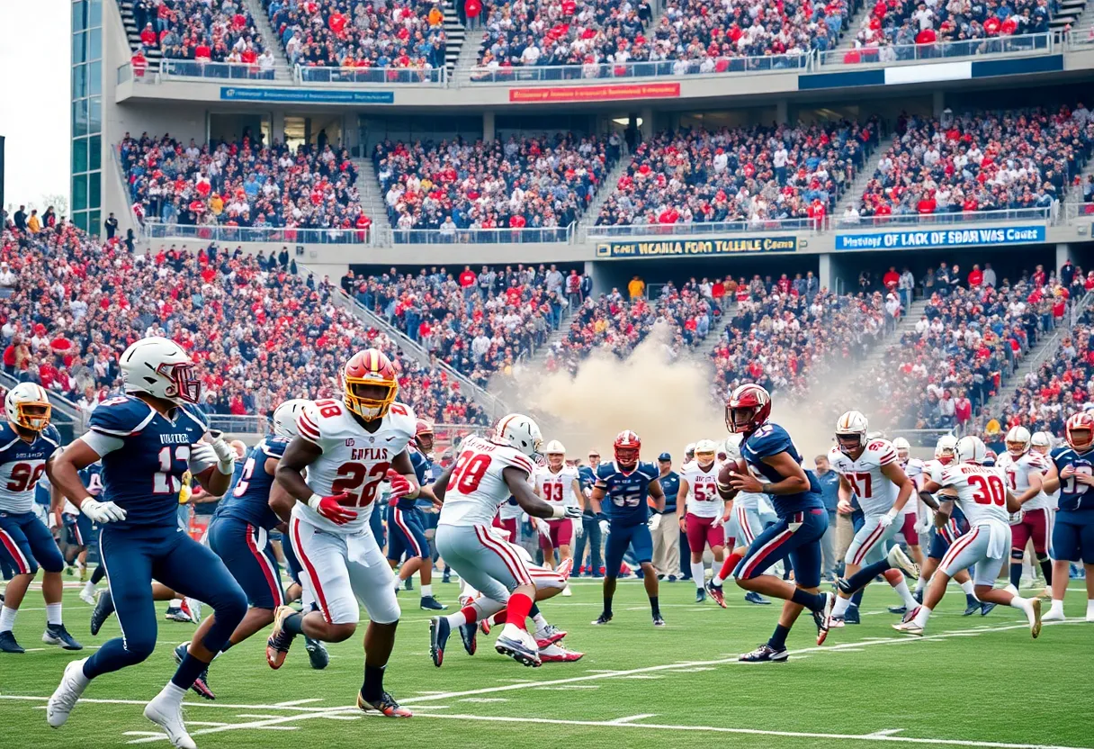 Players in action during a college football game in the Big 12 Conference