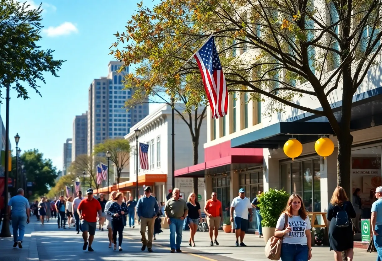 People enjoying Columbus Day celebrations in a Houston street scene