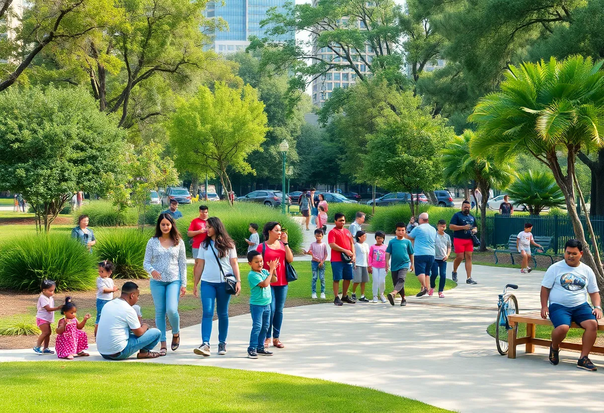 A community park in Houston with families and greenery.
