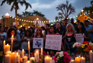 Community gathering for justice in Houston, with candles and flowers.