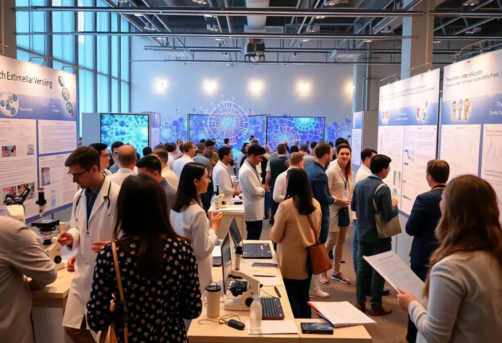 Conference setting depicting researchers discussing extracellular vesicle science