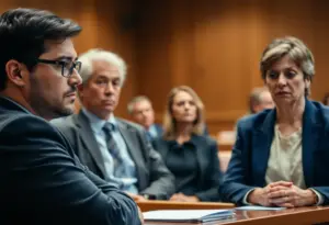 Courtroom setting with individuals depicting concern