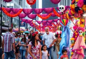 Families celebrating at the Día de los Muertos festival in Downtown Houston.