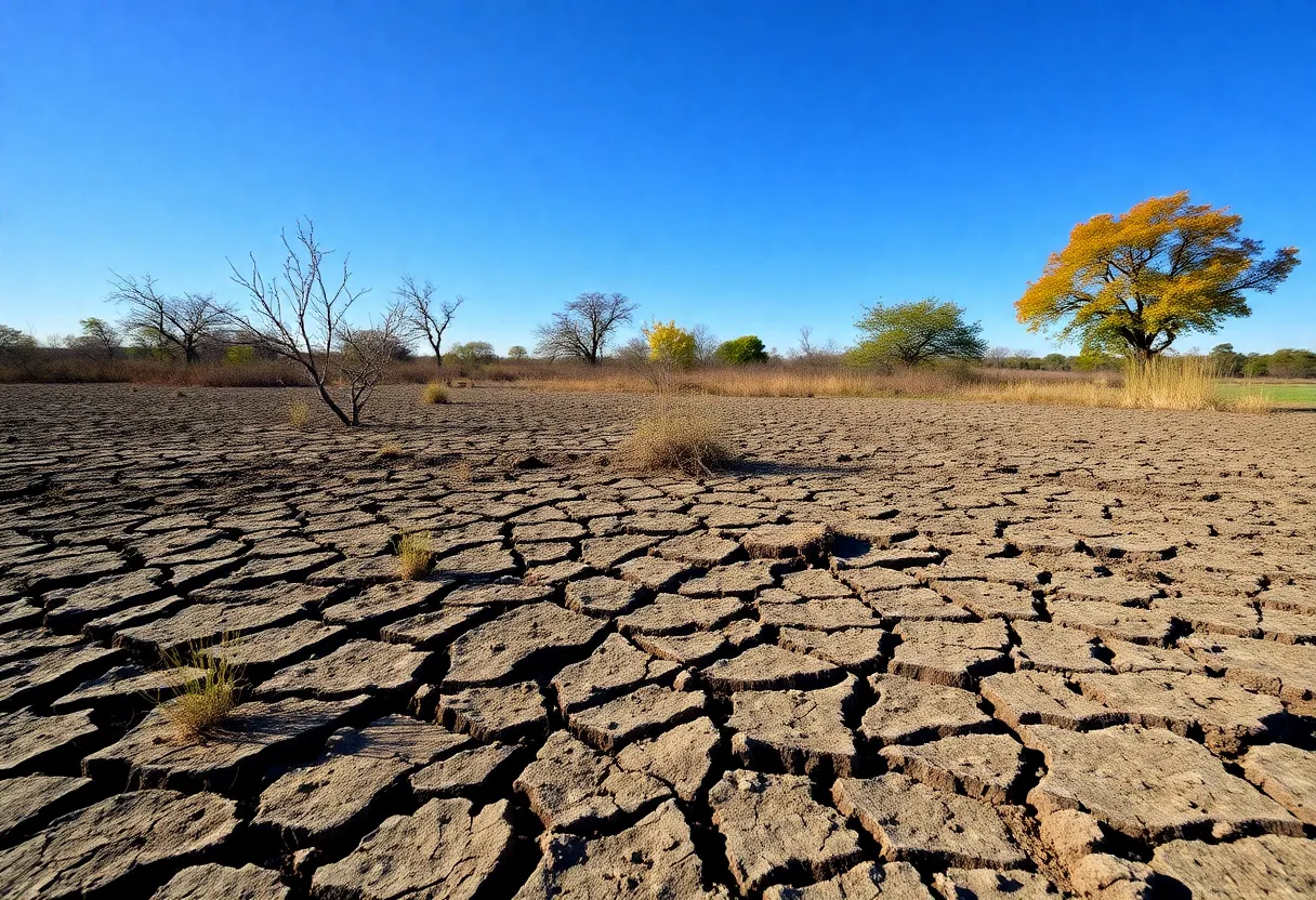 Drought-affected landscape in Southeast Texas with cracked earth