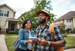 A first-time homebuyer examining houses in a Houston neighborhood.