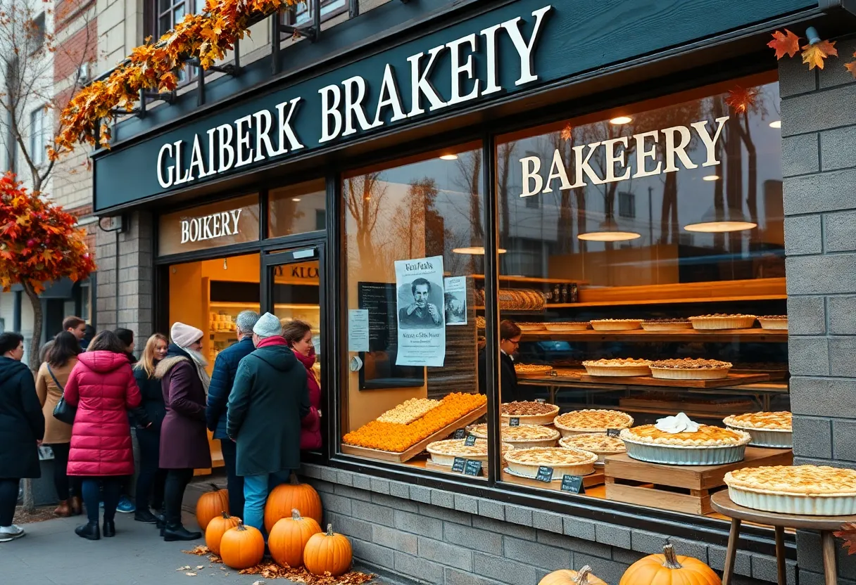 Exterior view of Flying Saucer Pie Company with a line of customers