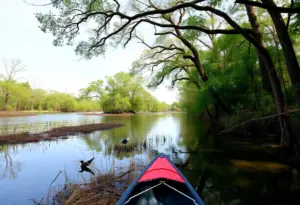 Scenic view of Greens Bayou Paddling Trail in Houston with paddlers and wildlife.