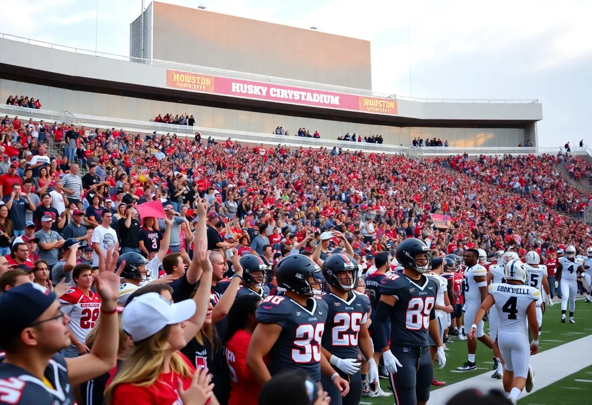Houston Christian University football team in action at Husky Stadium during a game.