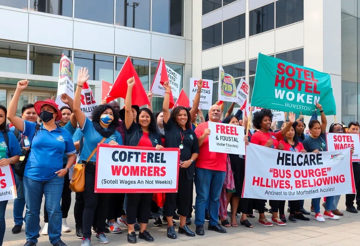 Hilton workers celebrate after striking for better wages in Houston