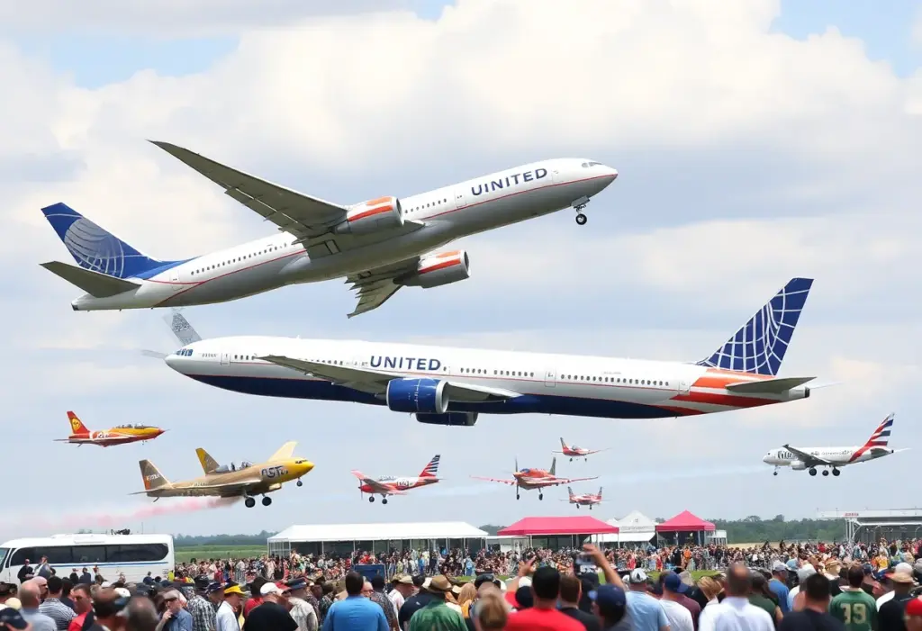 Airshow with vintage warbirds and a United Airlines Boeing 777 at Ellington Airport