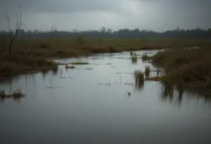 A somber bayou landscape in Houston, symbolizing concerns over recent deaths.