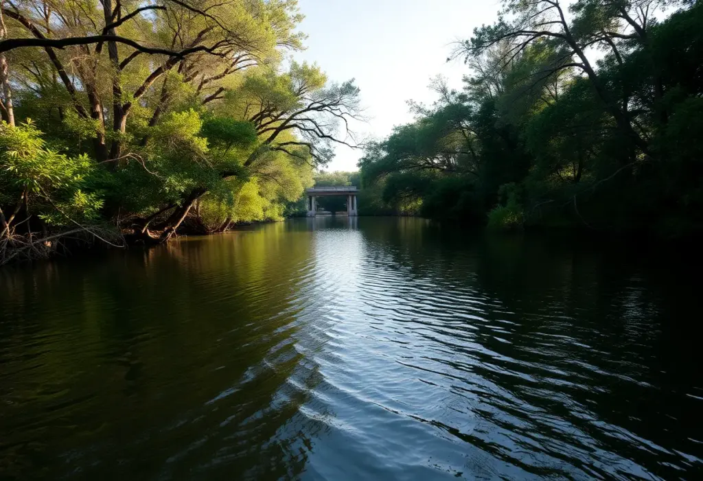 Tranquil view of Houston bayou with surrounding trees