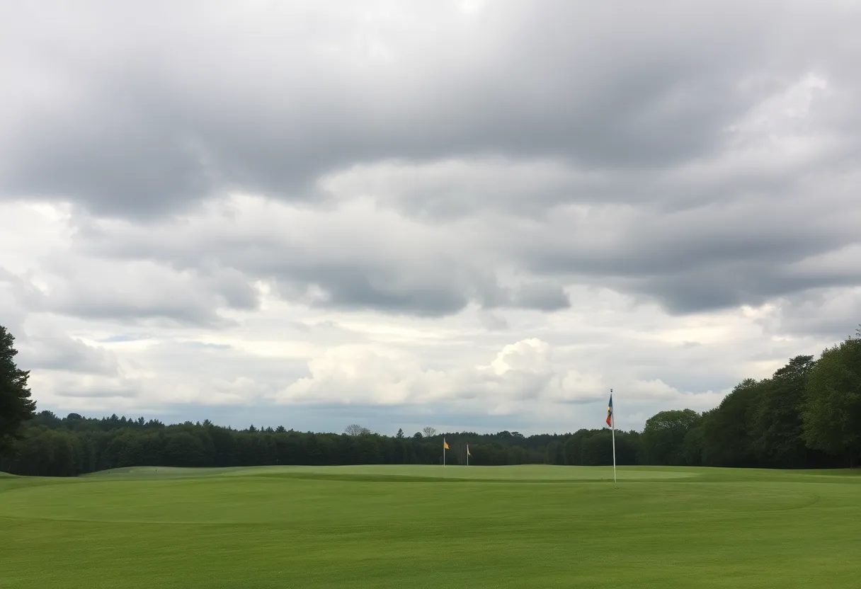 Golf course view showing empty fairways and cloudy skies hinting at postponed tournament