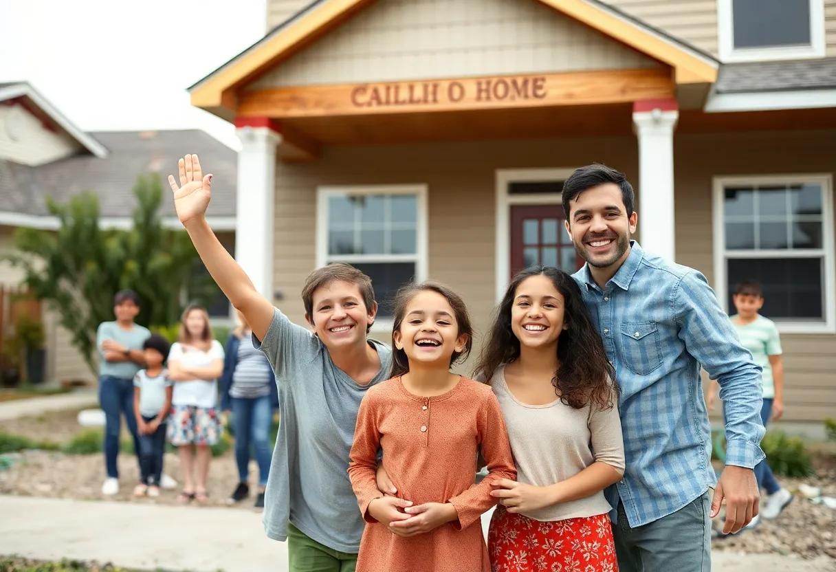 A family celebrating in front of their new home post-Hurricane Harvey.