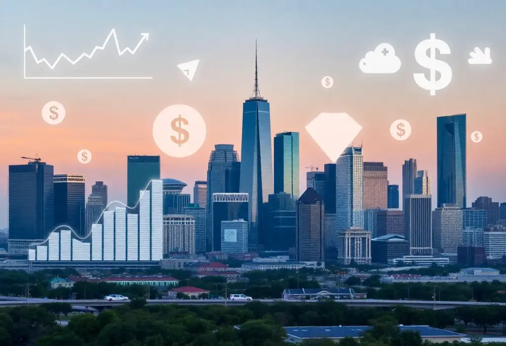 A skyline image of Houston representing financial topics and challenges.